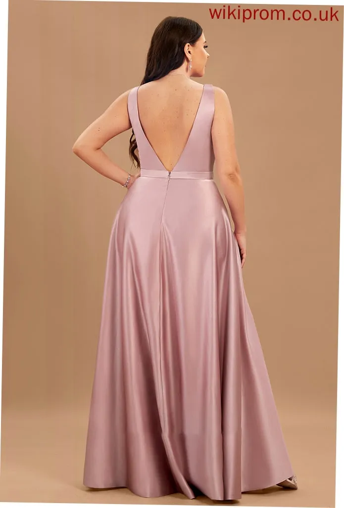 Satin V-neck Floor-Length Ball-Gown/Princess Prom Dresses With Ida Pockets