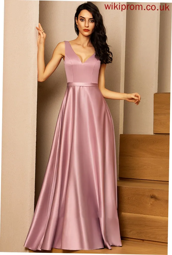 Satin V-neck Floor-Length Ball-Gown/Princess Prom Dresses With Ida Pockets