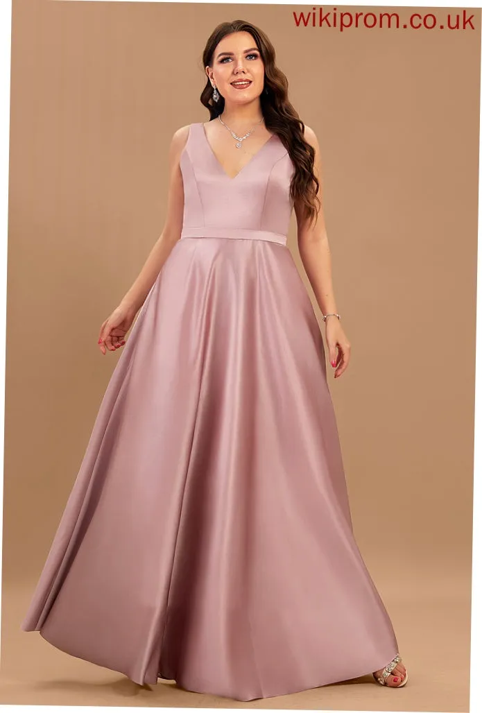 Satin V-neck Floor-Length Ball-Gown/Princess Prom Dresses With Ida Pockets