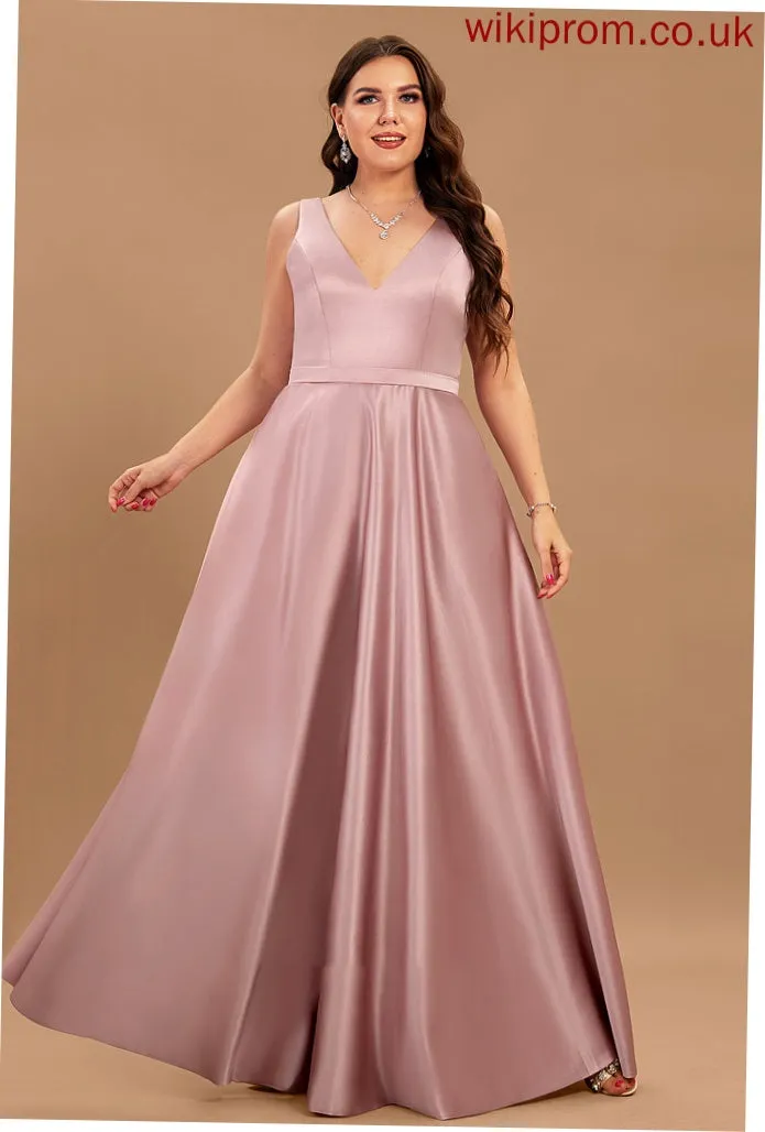 Satin V-neck Floor-Length Ball-Gown/Princess Prom Dresses With Ida Pockets