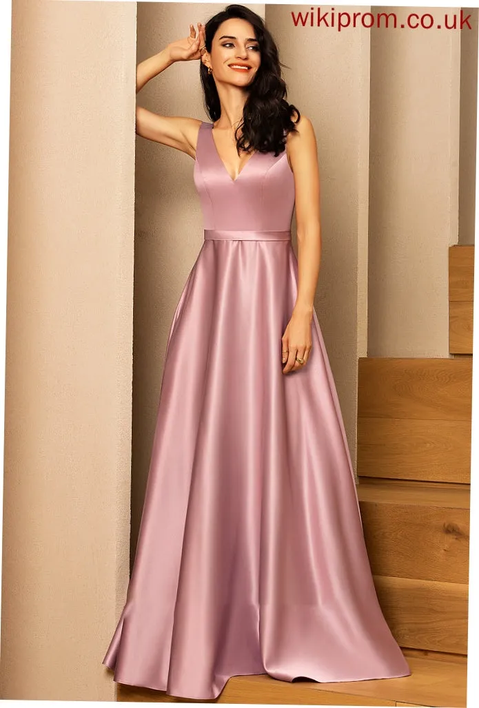 Satin V-neck Floor-Length Ball-Gown/Princess Prom Dresses With Ida Pockets