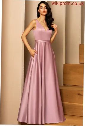 Satin V-neck Floor-Length Ball-Gown/Princess Prom Dresses With Ida Pockets