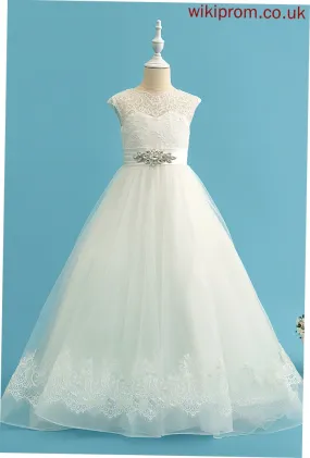 Scoop Dress Sleeveless Train Girl Uerica Sweep - Beading Ball-Gown/Princess Satin/Tulle/Lace Flower Girl Dresses Neck With Flower