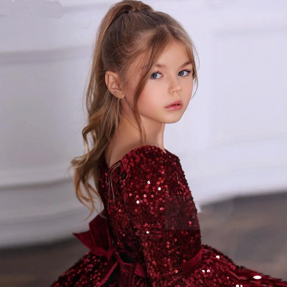 Sequin Burgundy Velvet Girls Knee-Length Dress – Perfect for Christmas Celebrations and Holiday Photoshoots