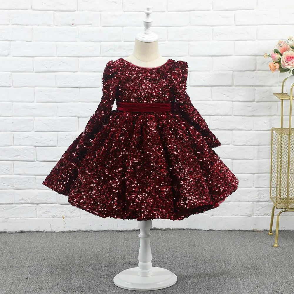 Sequin Burgundy Velvet Girls Knee-Length Dress – Perfect for Christmas Celebrations and Holiday Photoshoots