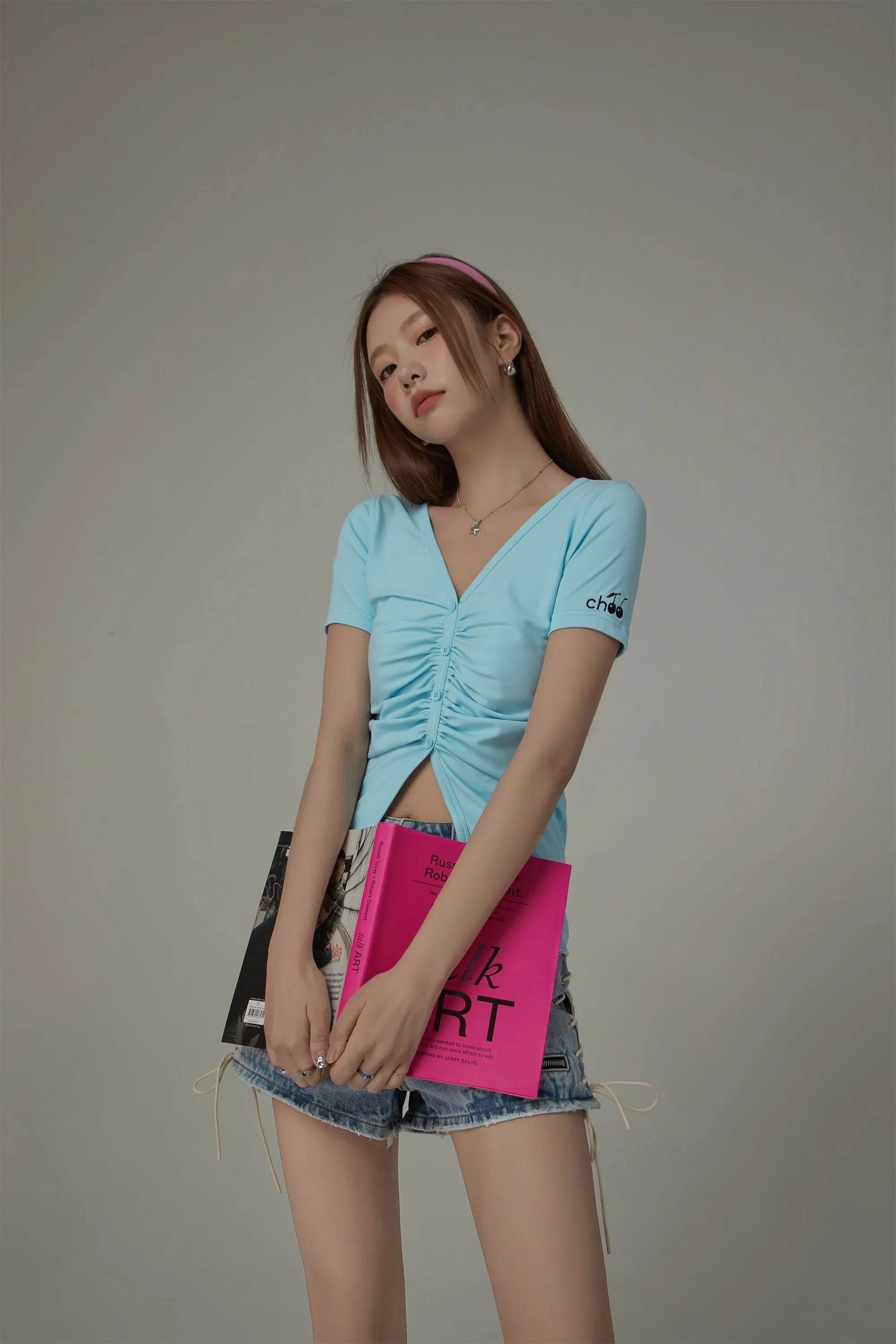 Shirring V-Neck Slit Short Sleeved T-Shirt