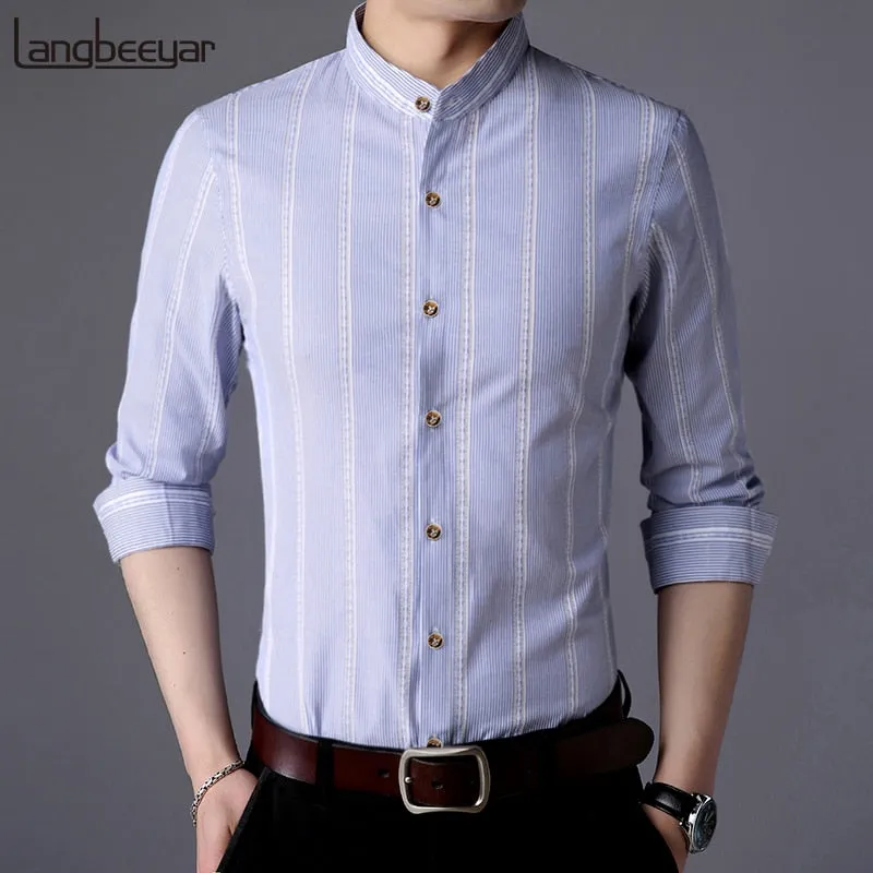 Shirt Mens Striped Long Sleeve Slim