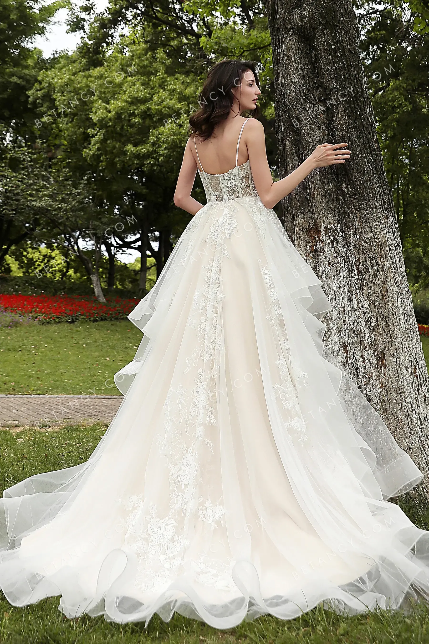 Spaghetti Strap Flounced Lace and Tulle Wedding Gown