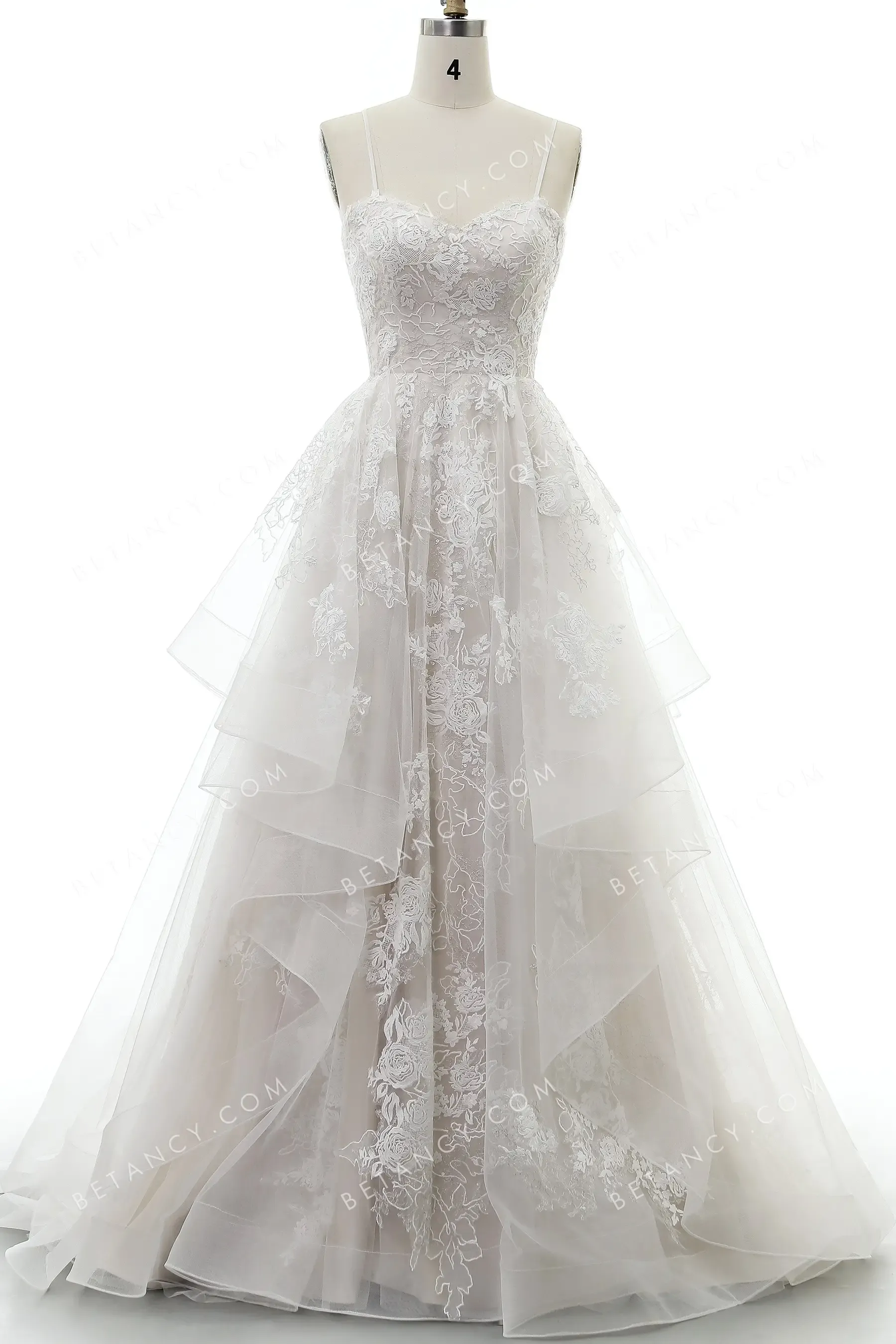 Spaghetti Strap Flounced Lace and Tulle Wedding Gown