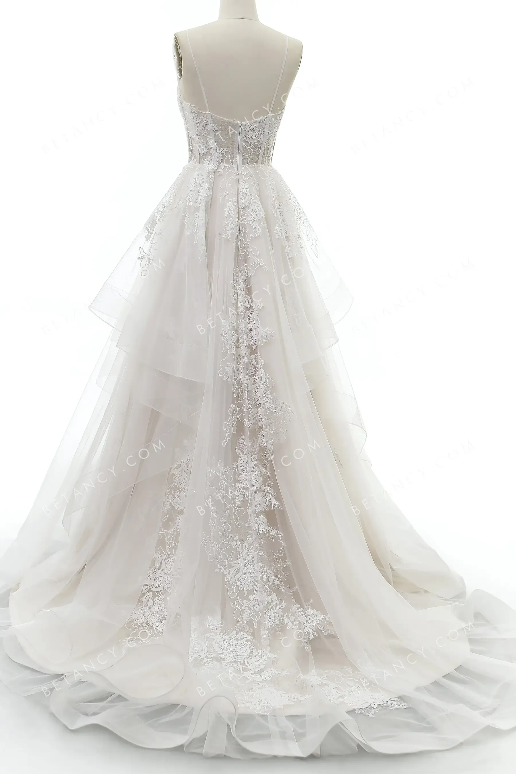 Spaghetti Strap Flounced Lace and Tulle Wedding Gown