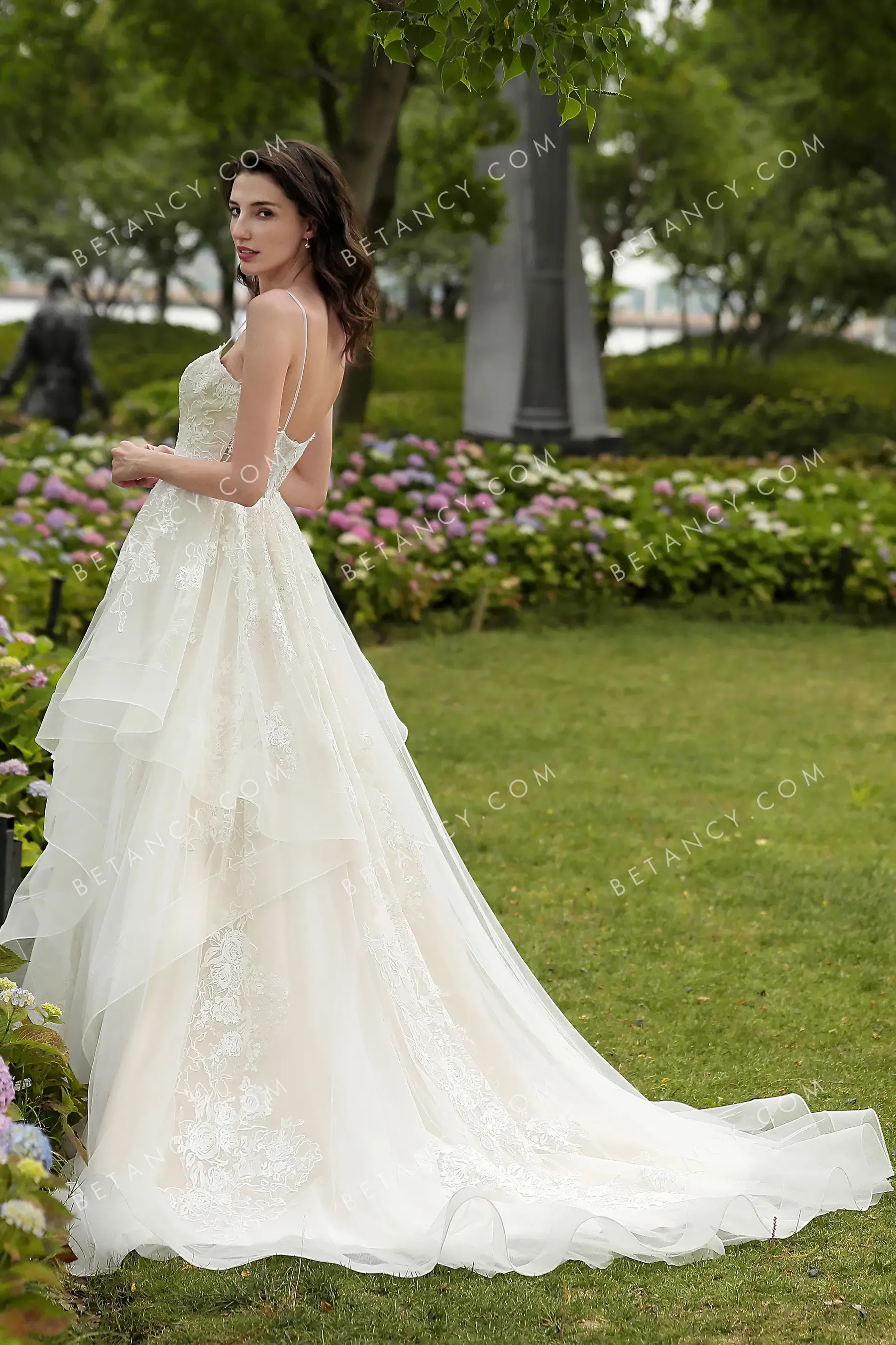 Spaghetti Strap Flounced Lace and Tulle Wedding Gown