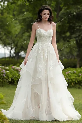 Spaghetti Strap Flounced Lace and Tulle Wedding Gown