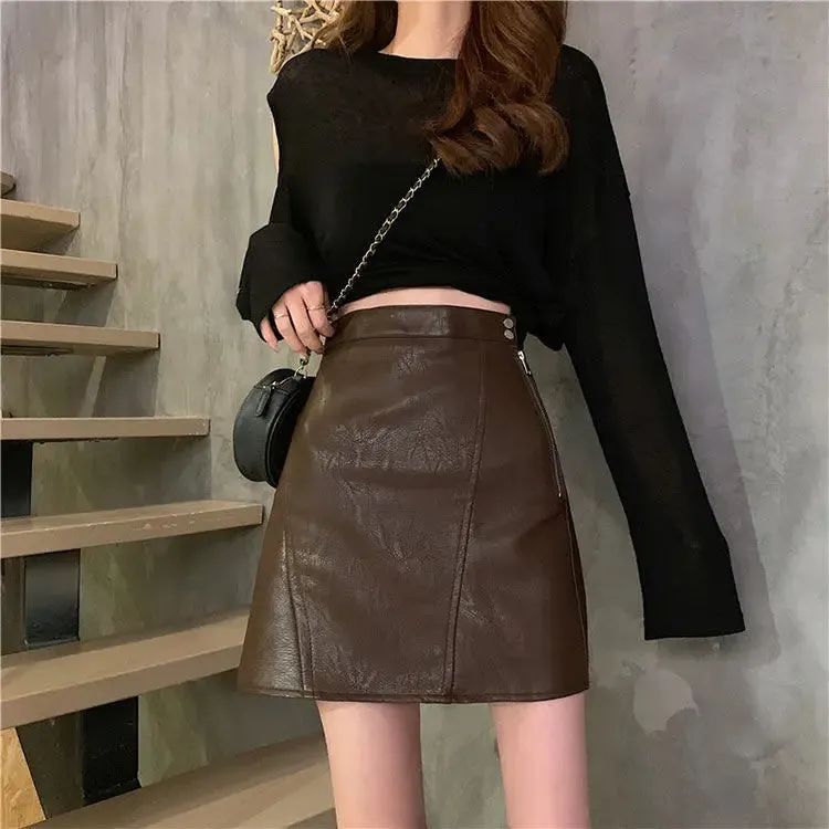 Spring Autumn High Waist Women’s Leather Skirt