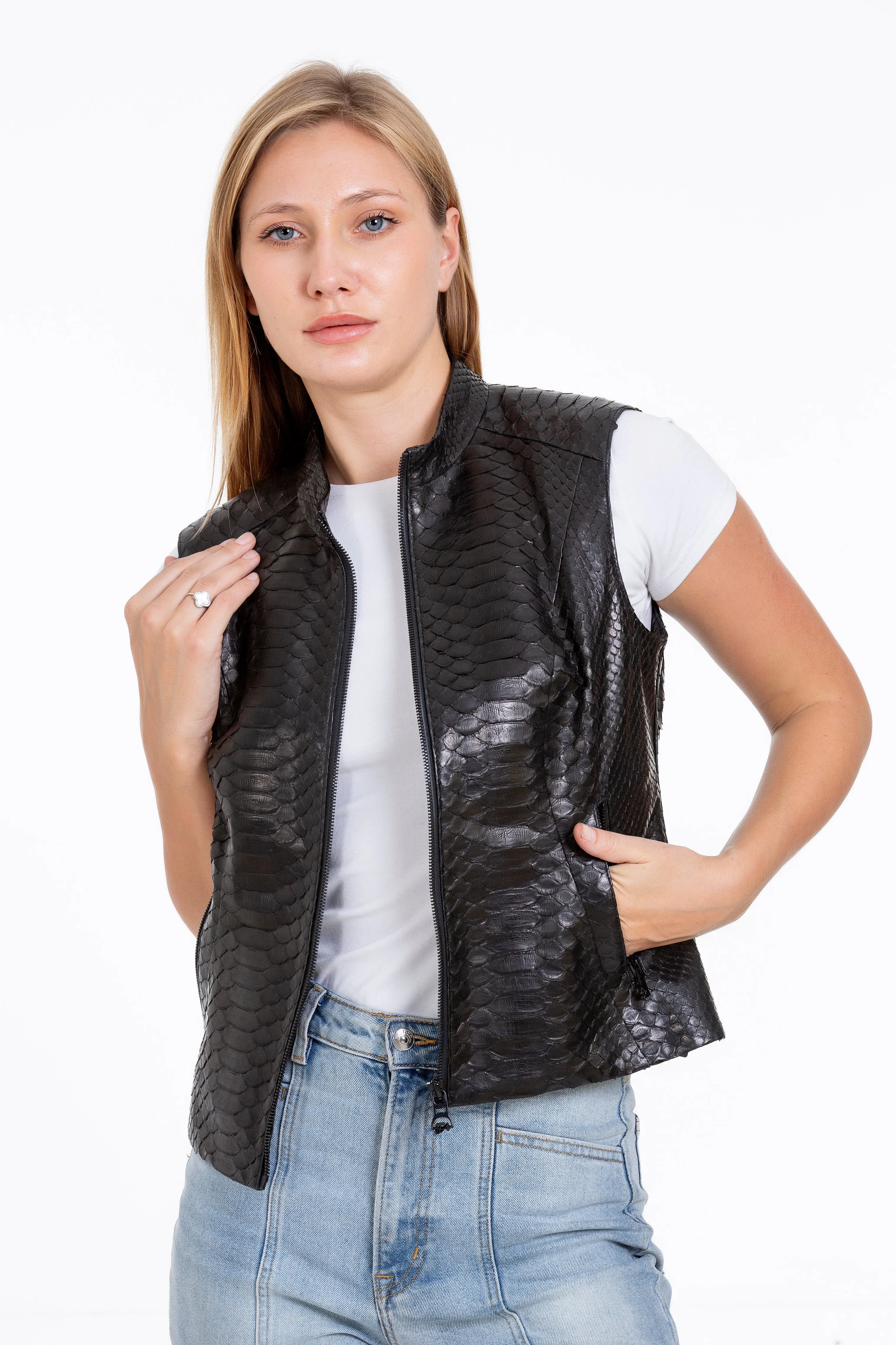 The Strasbourg Pythn Skin Leather Black Zip-Up Vest Women Jacket