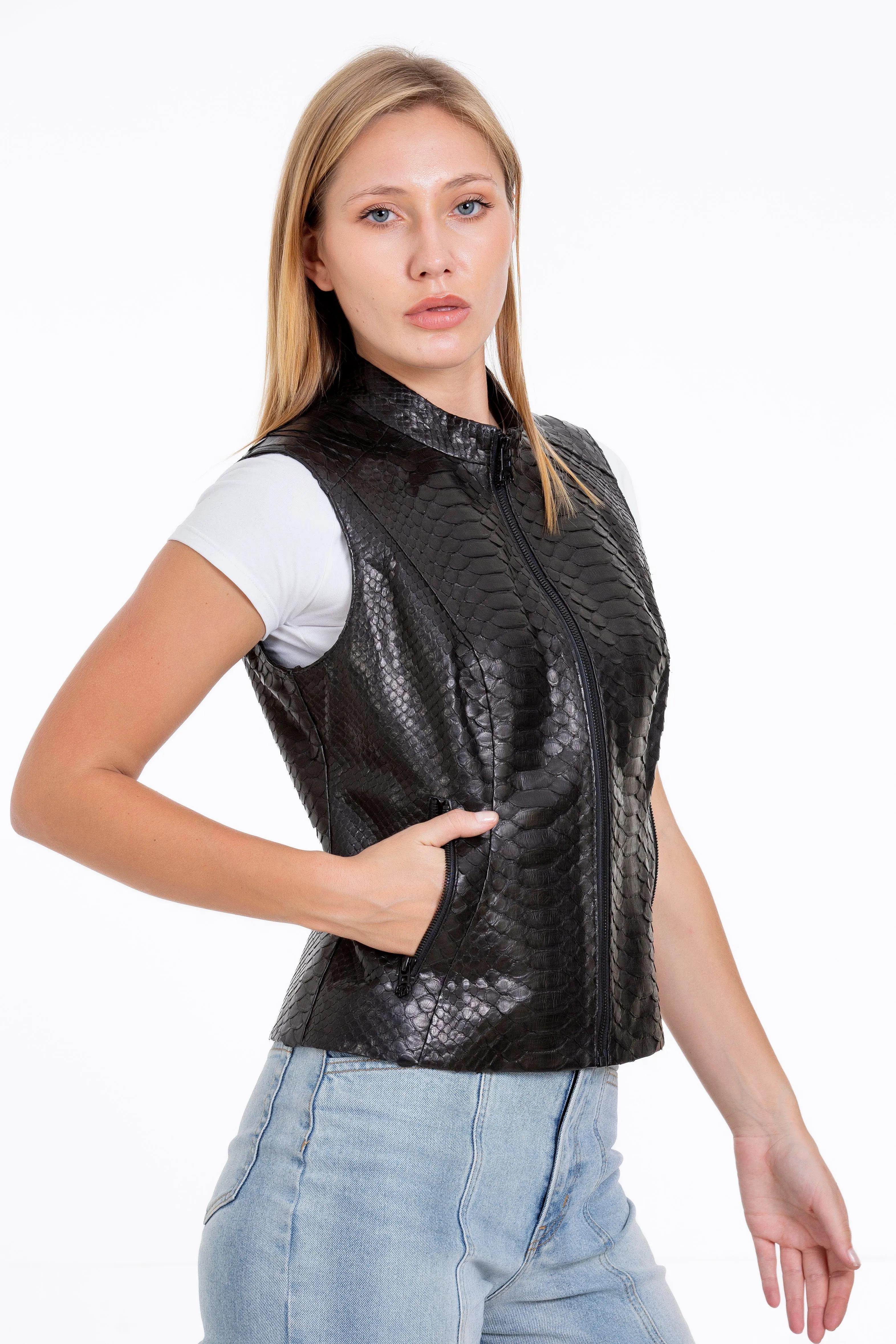 The Strasbourg Pythn Skin Leather Black Zip-Up Vest Women Jacket