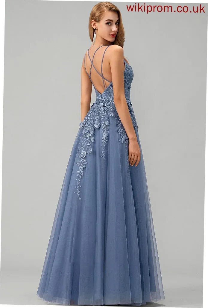 Tulle With Ball-Gown/Princess Amiah Floor-Length Prom Dresses V-neck Lace