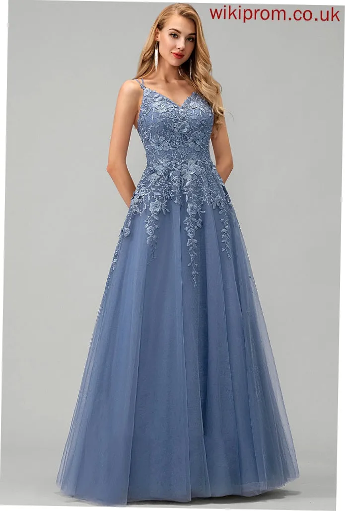 Tulle With Ball-Gown/Princess Amiah Floor-Length Prom Dresses V-neck Lace