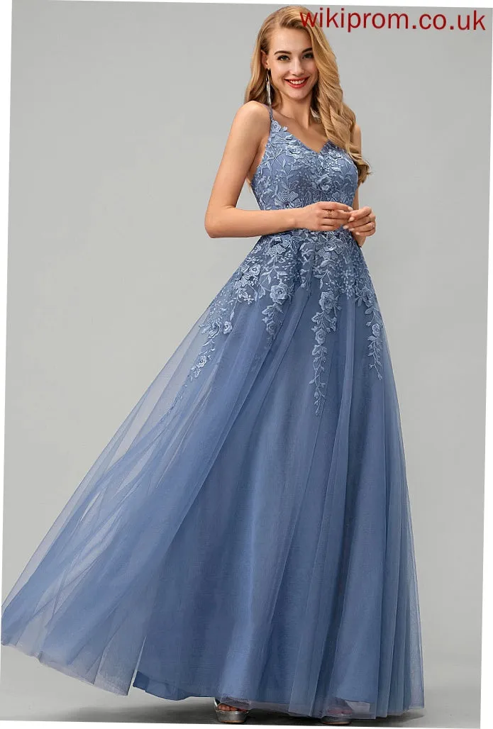 Tulle With Ball-Gown/Princess Amiah Floor-Length Prom Dresses V-neck Lace