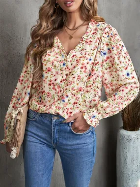 V-Neck Flounce Sleeve Boho Blouse