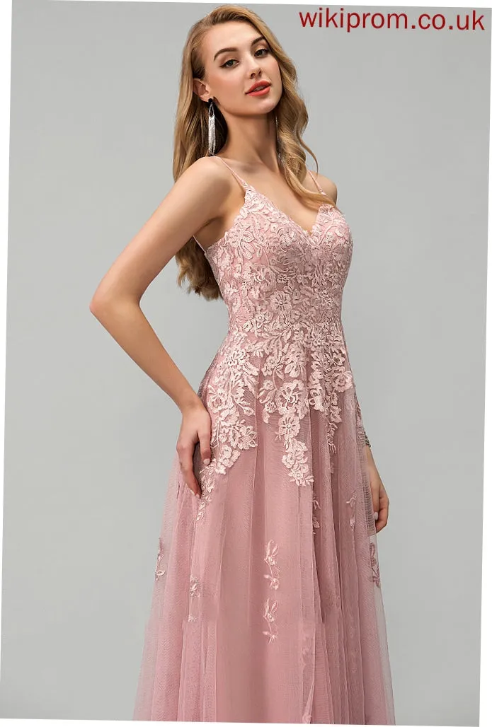 V-neck With Lace Tiffany Prom Dresses Ball-Gown/Princess Tulle Floor-Length