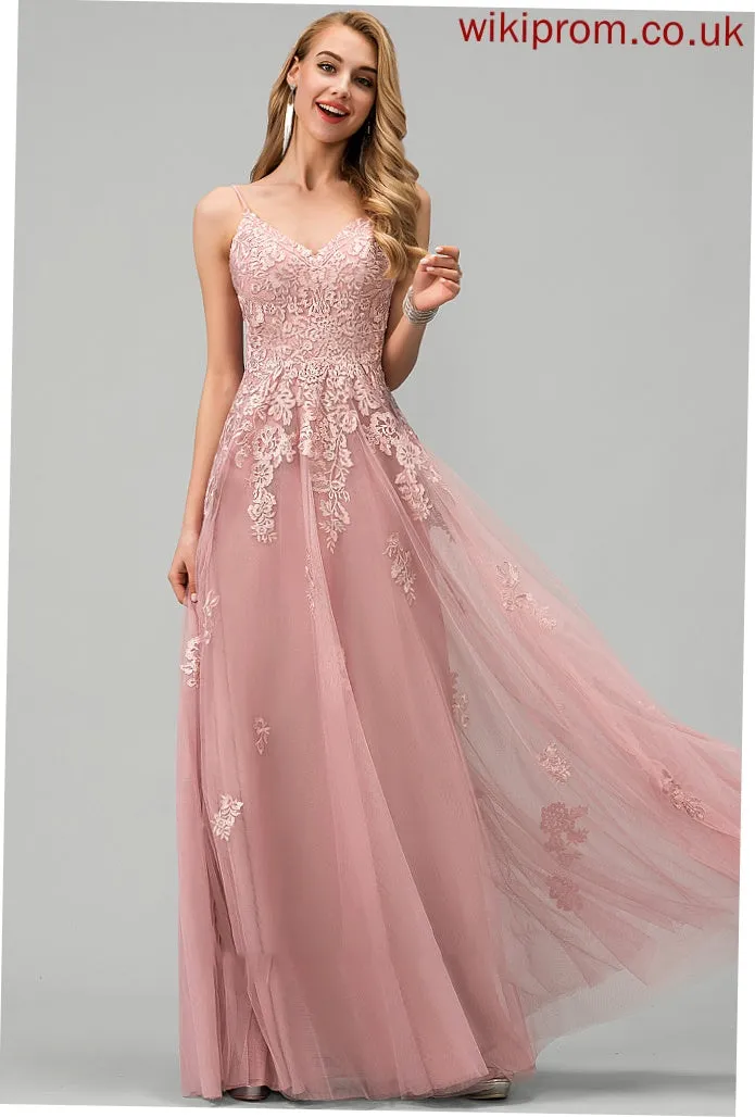 V-neck With Lace Tiffany Prom Dresses Ball-Gown/Princess Tulle Floor-Length