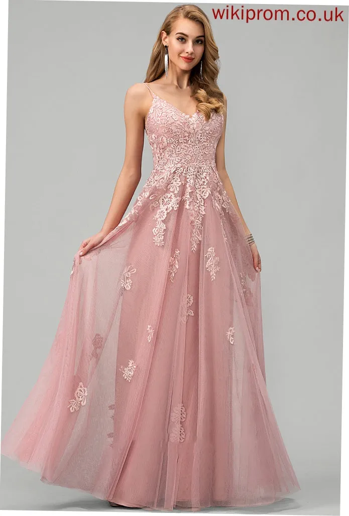 V-neck With Lace Tiffany Prom Dresses Ball-Gown/Princess Tulle Floor-Length