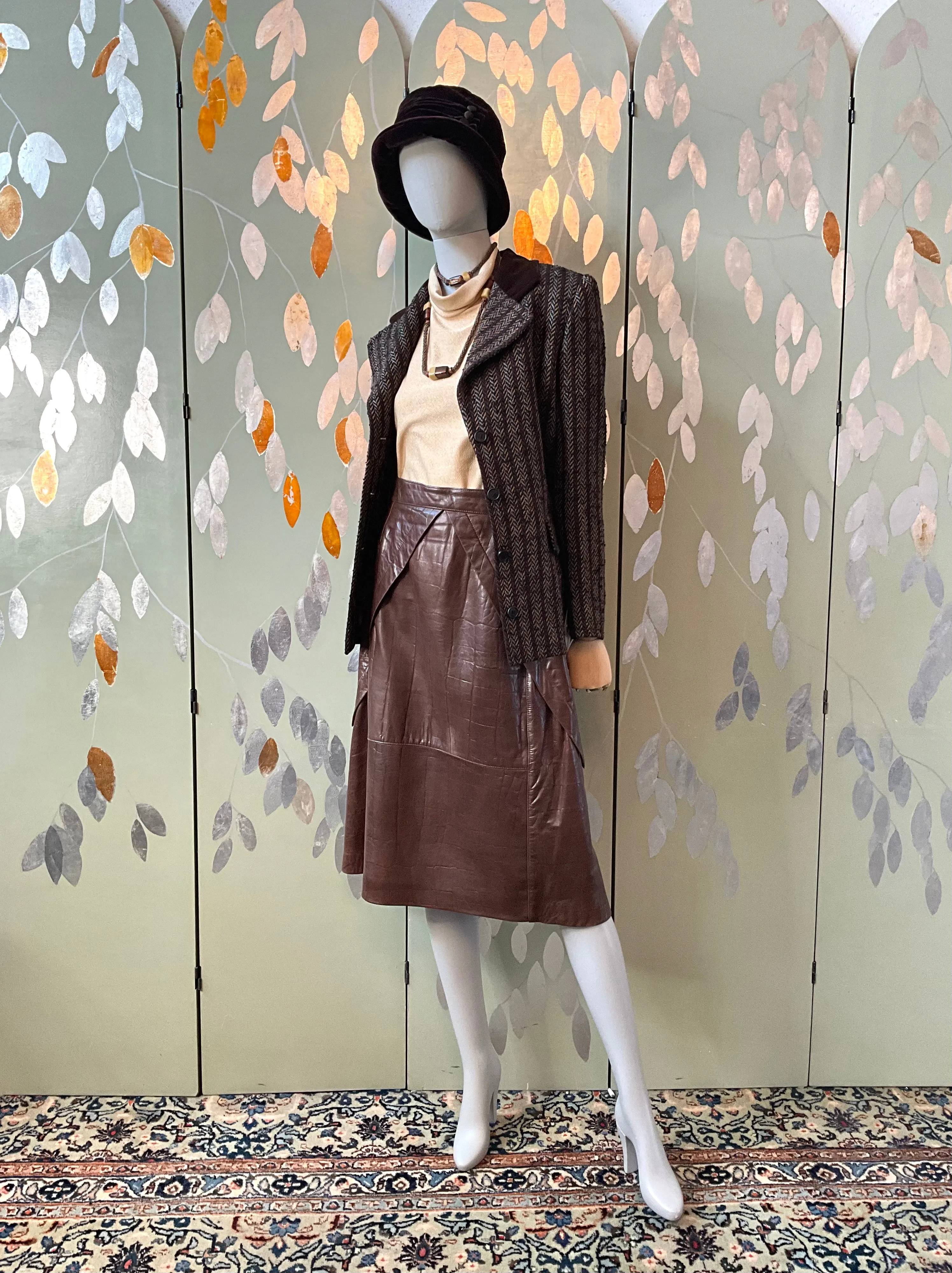 Vintage 1980s Brown Leather Midi Skirt, Large