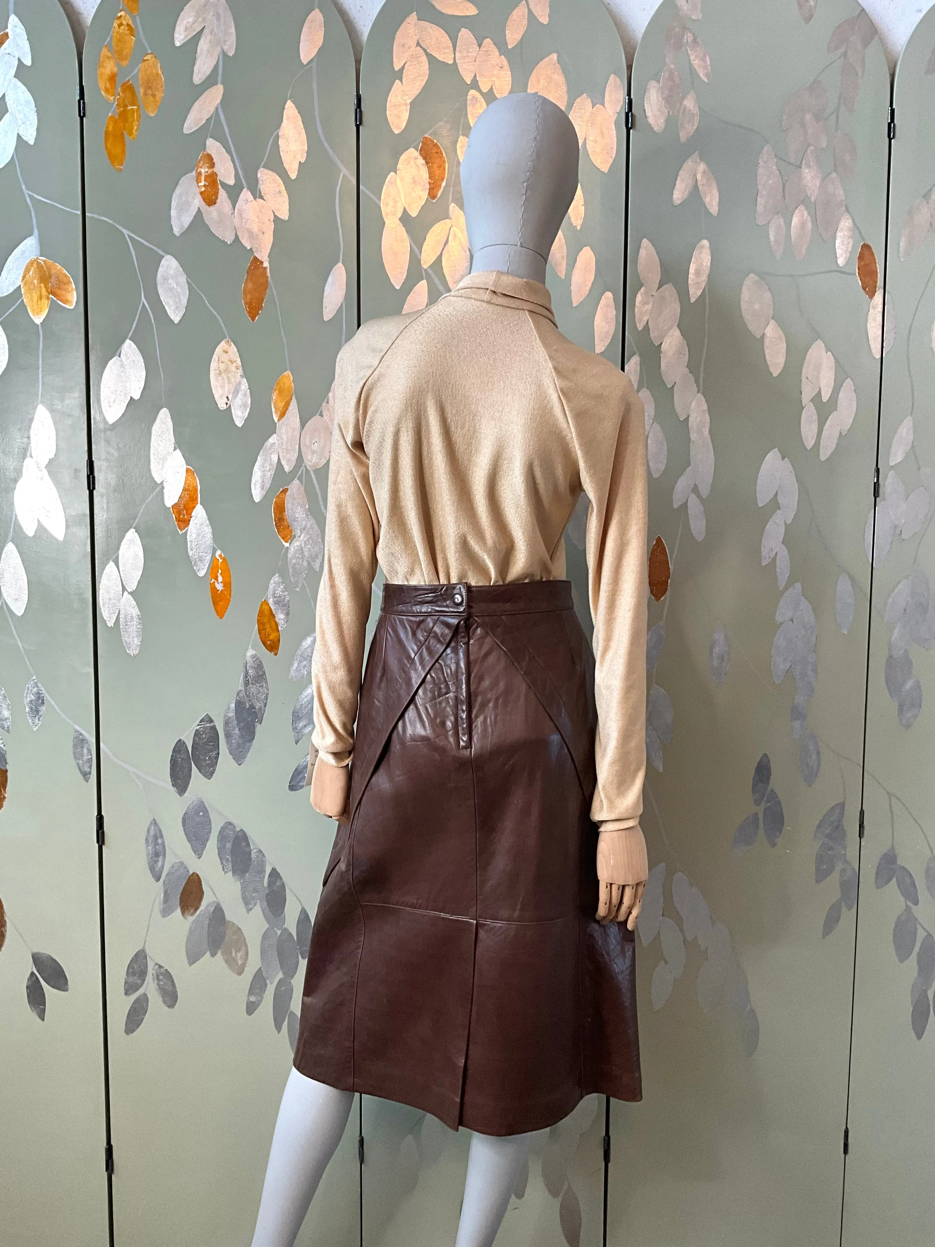 Vintage 1980s Brown Leather Midi Skirt, Large