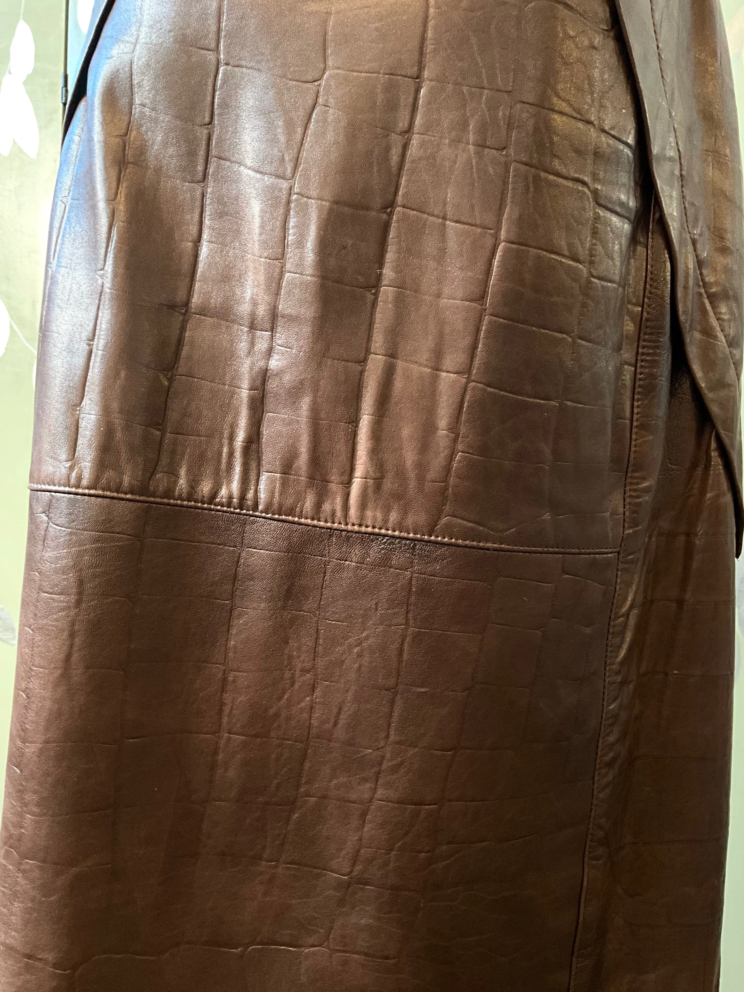 Vintage 1980s Brown Leather Midi Skirt, Large