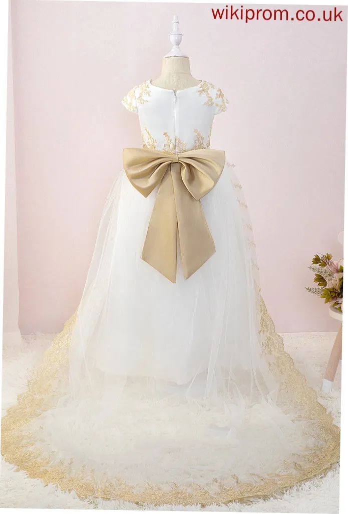 With Girl Court Ball-Gown/Princess Sleeves Bow(s) Short - Train Mary Flower Girl Dresses Tulle/Lace Flower Scoop Neck Dress