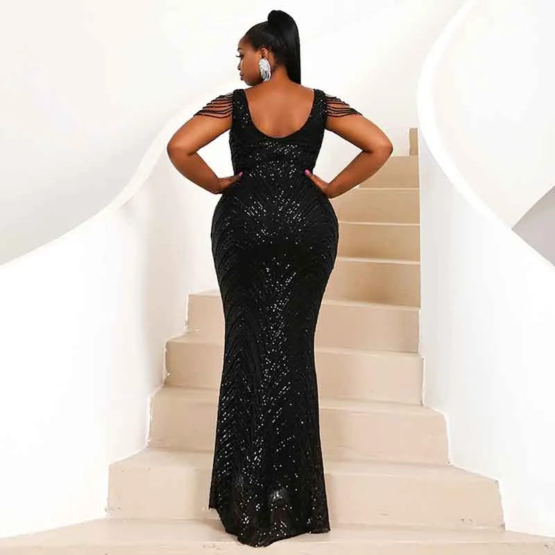 Women Plus Size Formal Gown Halter Sequin Tassel Sleeveless Maxi Prom Dress