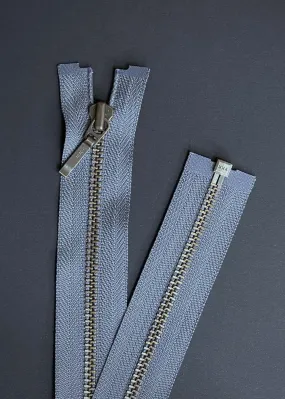 YKK, Open Ended Zip Drop Pull. Antique Brass. Mid Grey. 60cm