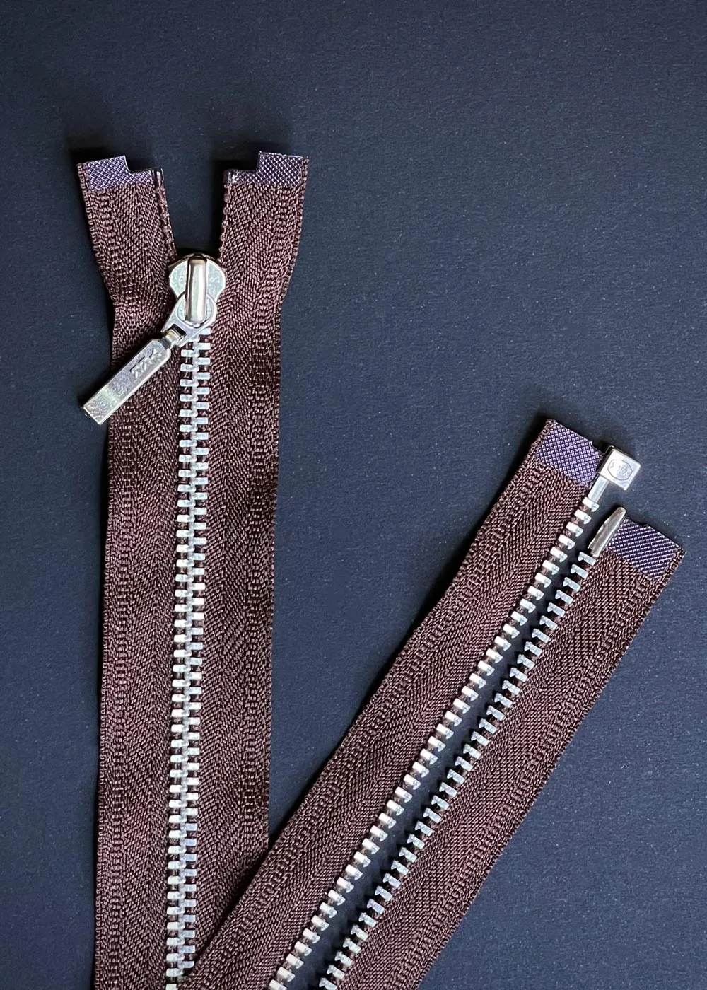 YKK, Open Ended Zip Drop Pull. Nickel. Dark Brown. 80cm